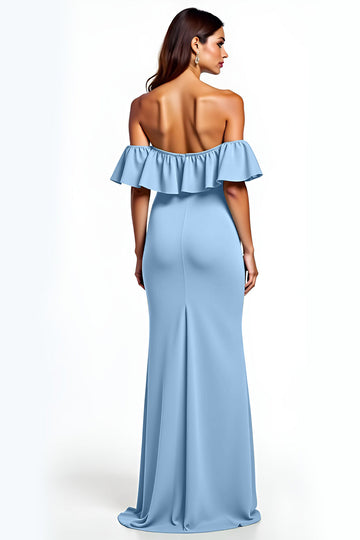 Dusty Blue Mermaid Ruffle Off the Shoulder Long Formal Dress with Slit
